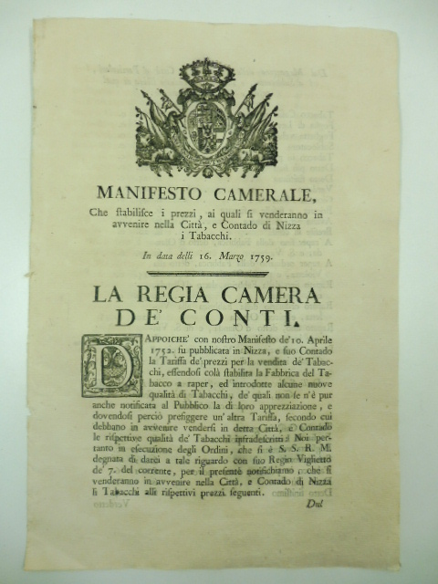 Manifesto camerale che stabilisce i prezzi, ai quali si venderanno in avvenire nella città e contado di Nizza i tabacchi in data delli 16 Marzo 1759